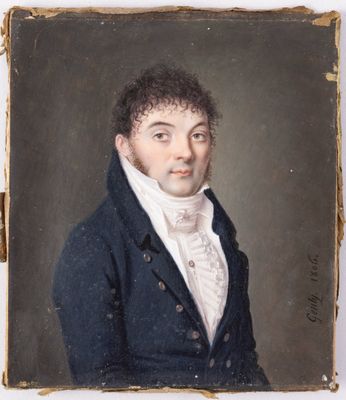 portrait d'un homme vêtu d'un manteau bleu et d'une chemise blanche