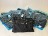 several pairs of jeans in plastic bags on a white surface