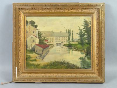 une peinture à l'huile représentant une rivière avec des bâtiments et des arbres en arrière-plan