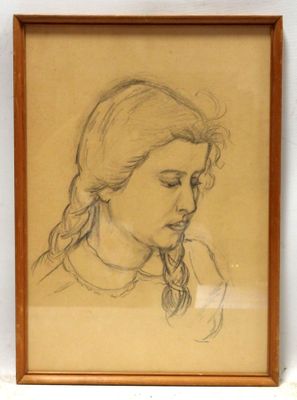 drawing of a woman ' s face in a wooden frame