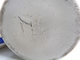 a close up of a white plate with a blue stripe