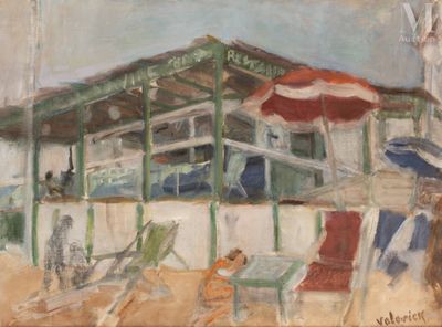 un tableau représentant une scène de plage avec des personnes et des parasols