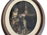tableau représentant une femme assise à une table avec des fleurs dans un vase