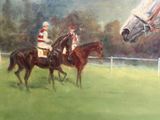 painting of two jockeys on horses in a field with a horse in the background