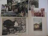 many pictures of old buildings on the wall of this room
