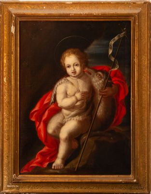 a painting of a child holding a flag in a gold frame