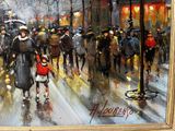 a painting of a group of people walking down the street