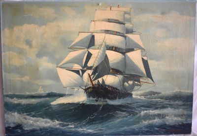 painting of a sailing ship in the ocean with a sky background