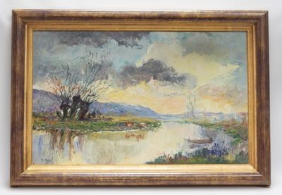 une peinture à l'huile représentant un paysage avec une rivière au premier plan et un arbre au premier plan