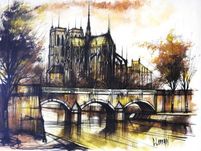 drawing of a painting of a cathedral with a bridge in the foreground