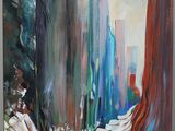 an oil painting of a cityscape with trees in the foreground