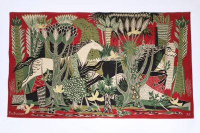tableau représentant des chevaux dans une forêt, avec des arbres et des plantes