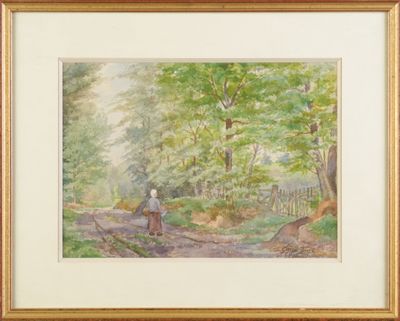 une image représentant un tableau où l'on voit une femme se promenant dans les bois