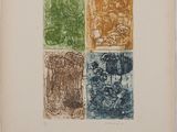 un vieux livre sur lequel figurent quatre timbres de couleurs différentes