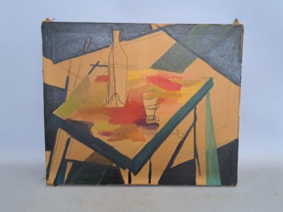 une peinture représentant un vase posé sur une table, avec un verre à côté