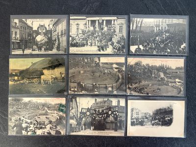 several old black and white photos of people and vehicles on a street
