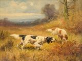 un tableau représentant deux chiens et un mouton dans un champ