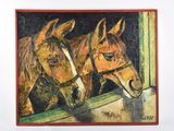 painting of two horses looking out of a stable window