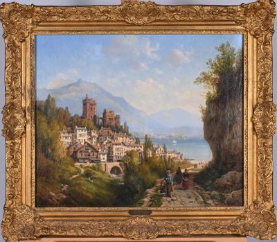 an image of a painting of a town by the water