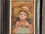une peinture à l'huile représentant une petite fille coiffée d'un chapeau de paille