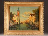 an oil painting of a canal with a clock tower in the background