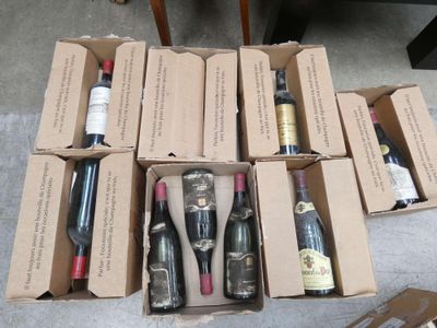 Plusieurs bouteilles de vin se trouvent dans un carton posé par terre.