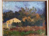 une peinture à l'huile représentant une maison dans un champ avec des arbres en arrière-plan