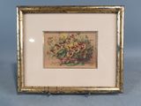 peinture représentant un panier de fleurs sur fond bleu
