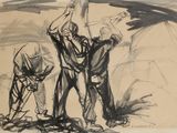 dessin représentant deux hommes travaillant sur une croix dans un champ