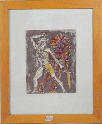painting of a man holding a sword and a flower in a wooden frame
