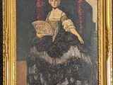 painting of a woman sitting in a chair with a fan in her hand