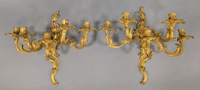 paire d'appliques murales anciennes en laiton avec fleurs et feuilles
