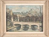une peinture à l'huile représentant un pont sur une rivière avec des bâtiments à l'arrière-plan