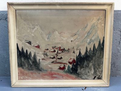 une peinture à l'huile représentant un paysage de montagne enneigé avec un village au premier plan