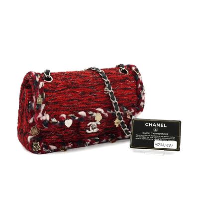 a close up of a chanel bag on a white background