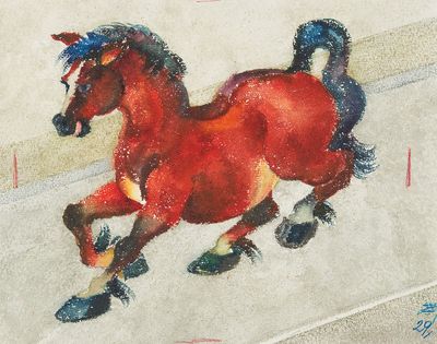 a painting of a horse that is running on the street