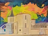 une peinture représentant une peinture d'un bâtiment avec le ciel en arrière-plan