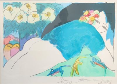 une image représentant un tableau où l'on voit une femme allongée, avec des fleurs dans les cheveux