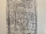 a black and white drawing of trees in a forest