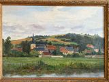 une peinture à l'huile représentant un paysage avec une église et une rivière