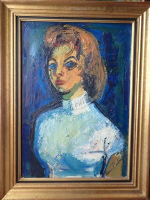 painting of a woman in a blue dress in a gold frame