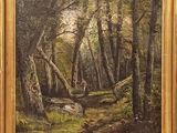 une peinture à l'huile représentant un homme se promenant dans une forêt avec un chien