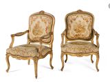 pair of louis xv style carved wood armchairs with upholstered upholstered seats