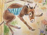 painting of a donkey in a diaper on a city street