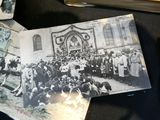 several old black and white photos of people standing in front of a church