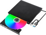 un gros plan d'un lecteur CD avec un disque arc-en-ciel