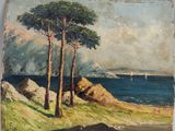 une peinture à l'huile représentant un paysage avec des arbres et un plan d'eau