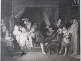 a black and white drawing of a family in a bedroom