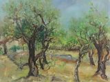 an oil painting of trees in a field with a house in the background