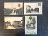 several old postcards of people and buildings on a black surface